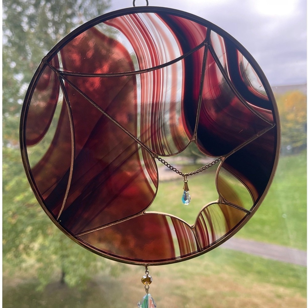 Vtg Stained Glass spider web red swirl Hanging Suncatcher Handmade 7" goth‎